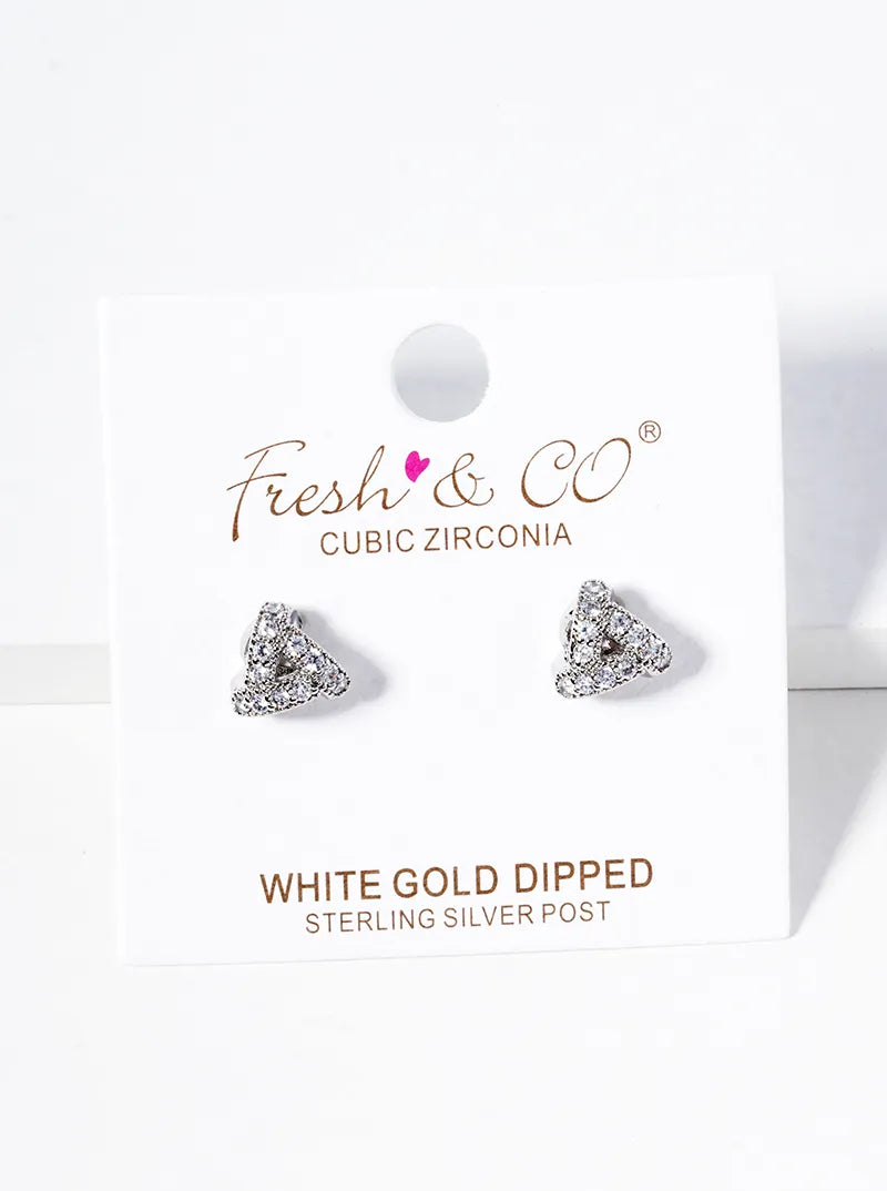 White Gold Dipped CZ Pave 8mm Triangle Post Stud Earrings