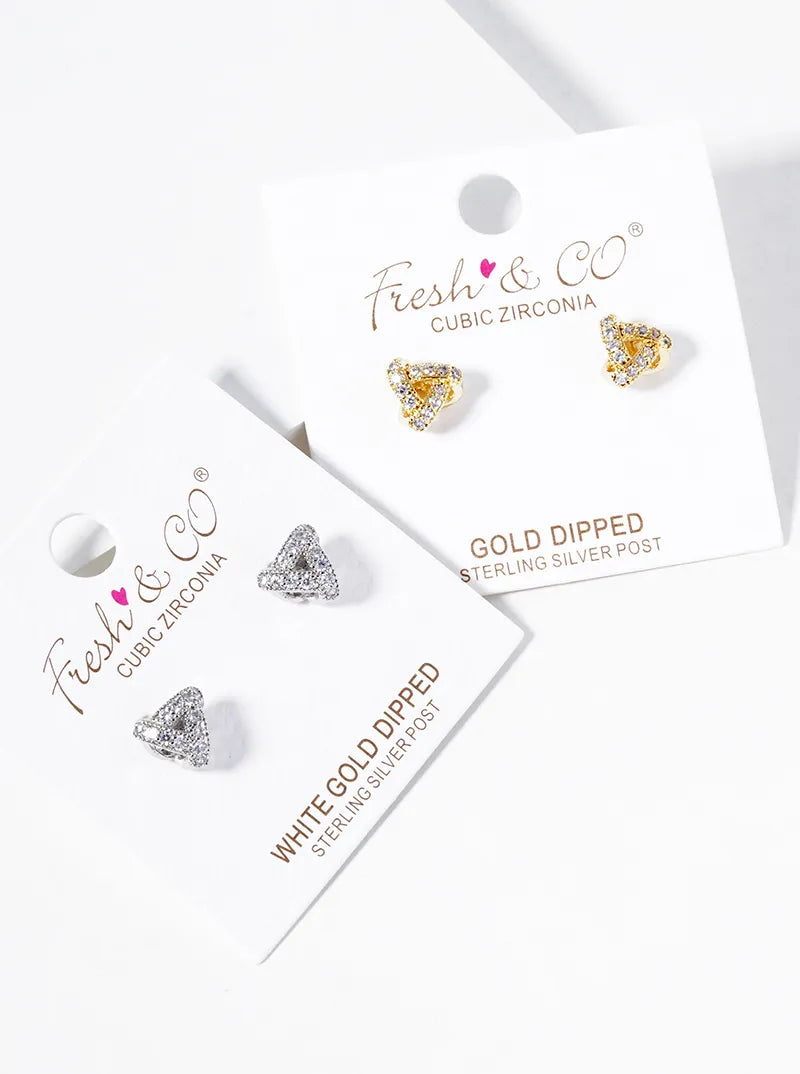 White Gold Dipped CZ Pave 8mm Triangle Post Stud Earrings