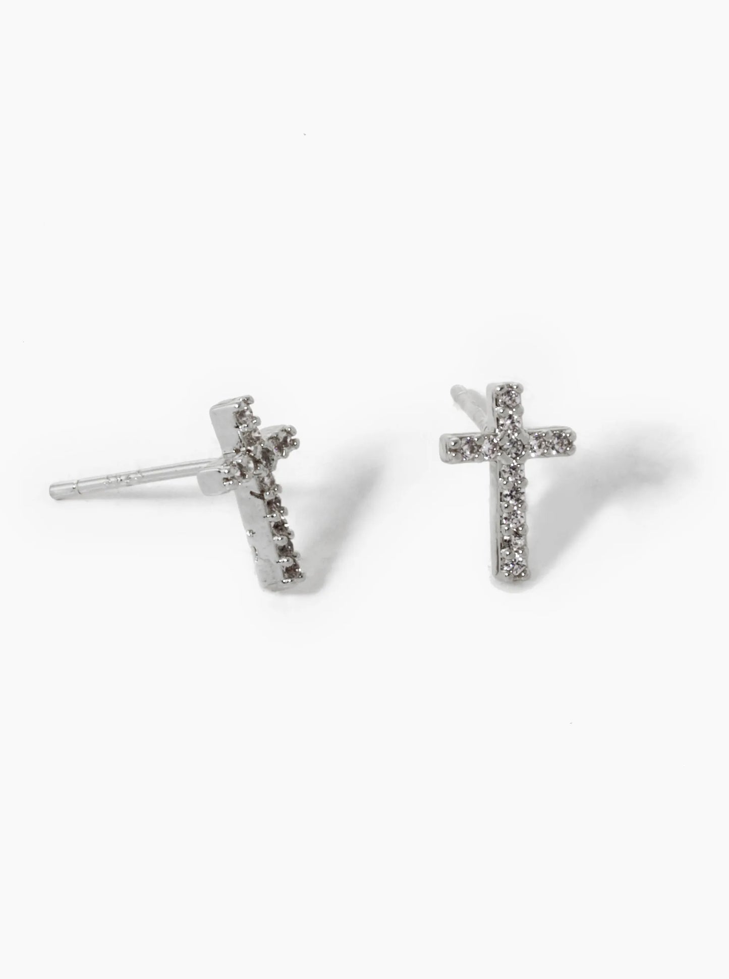 White Gold Dipped CZ Pave 9mm Cross Stud Earrings