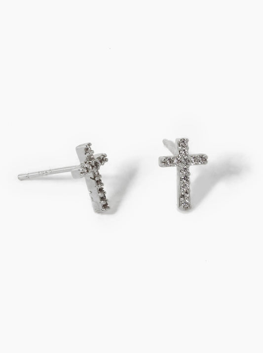 White Gold Dipped CZ Pave 9mm Cross Stud Earrings
