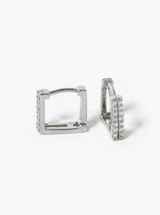White Gold Dipped CZ Pave 9mm Square Huggie Hoop Earrings