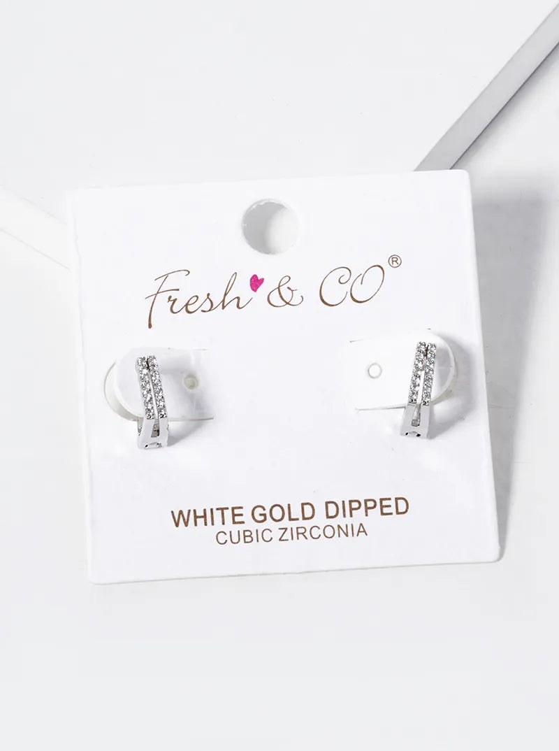 White Gold Dipped CZ Pave 9mm Square Huggie Hoop Earrings