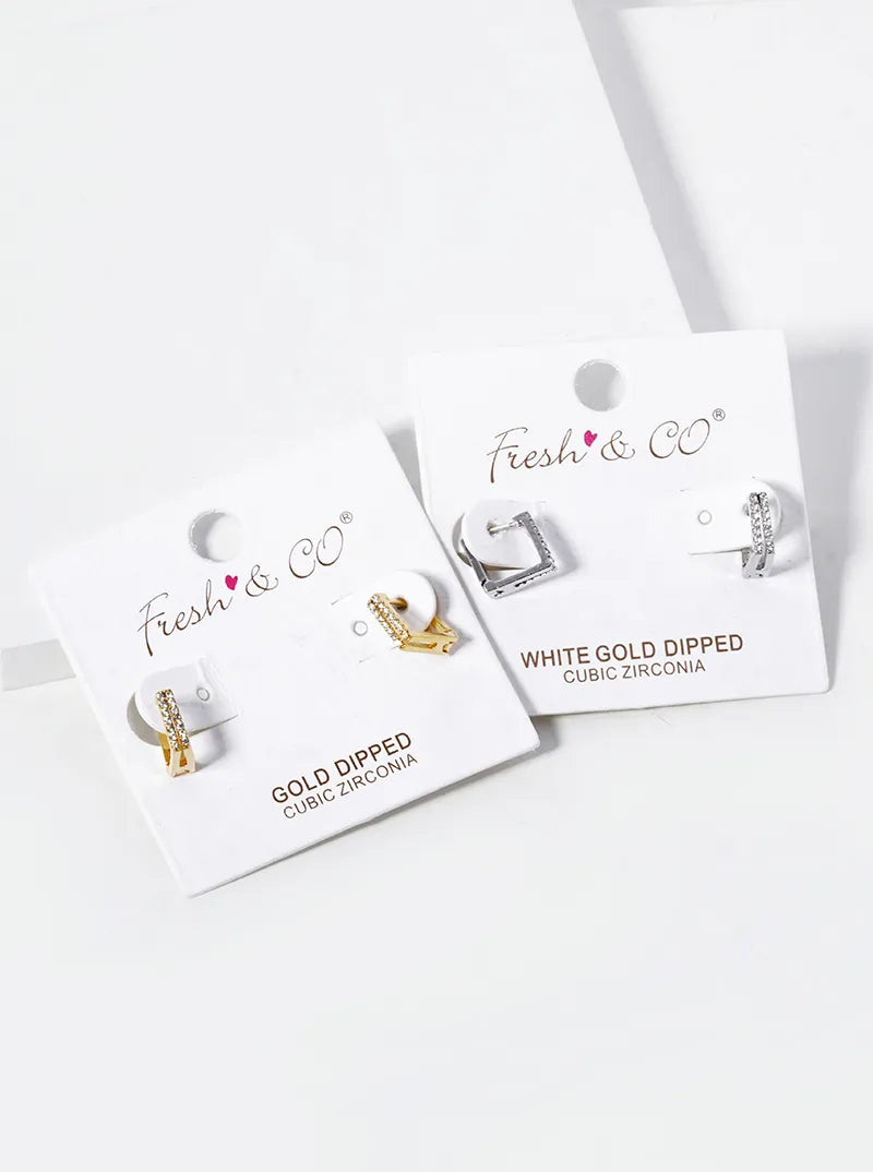 White Gold Dipped CZ Pave 9mm Square Huggie Hoop Earrings