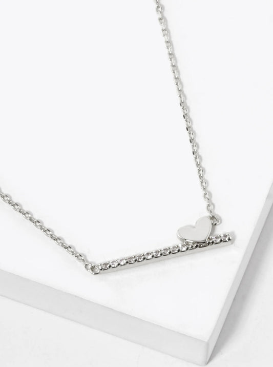 White Gold Dipped CZ Pave Bar With A Heart Pendant Necklace