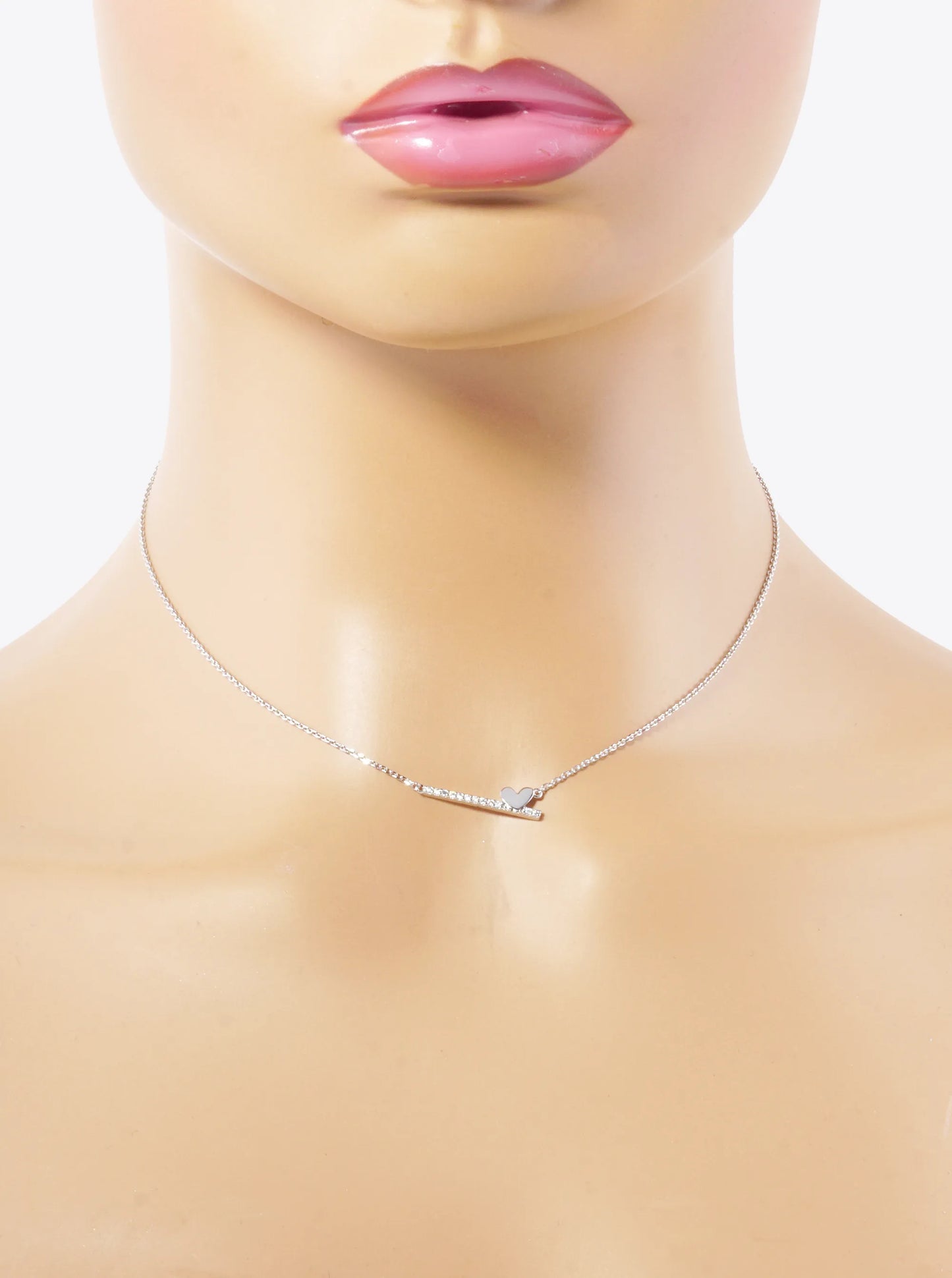 White Gold Dipped CZ Pave Bar With A Heart Pendant Necklace