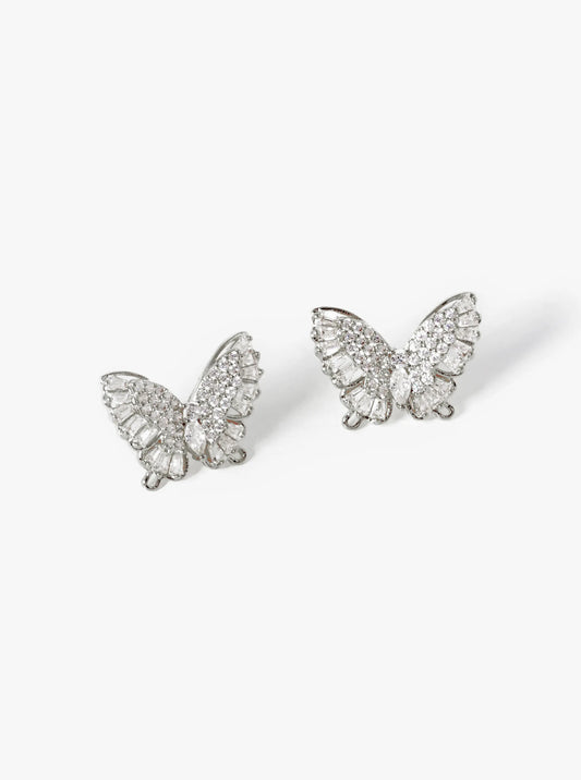 White Gold Dipped CZ Pave Butterfly Stud Earrings