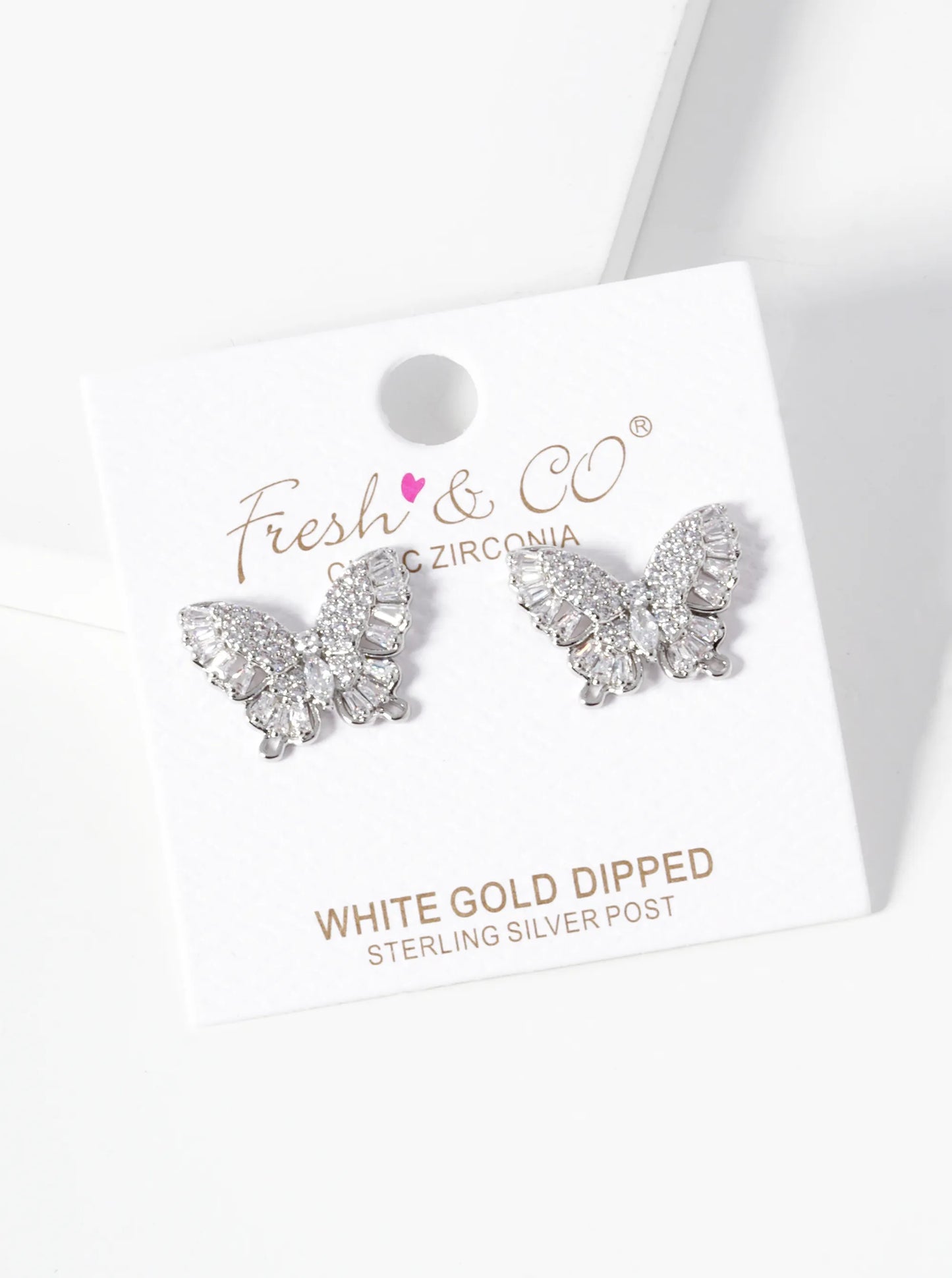 White Gold Dipped CZ Pave Butterfly Stud Earrings