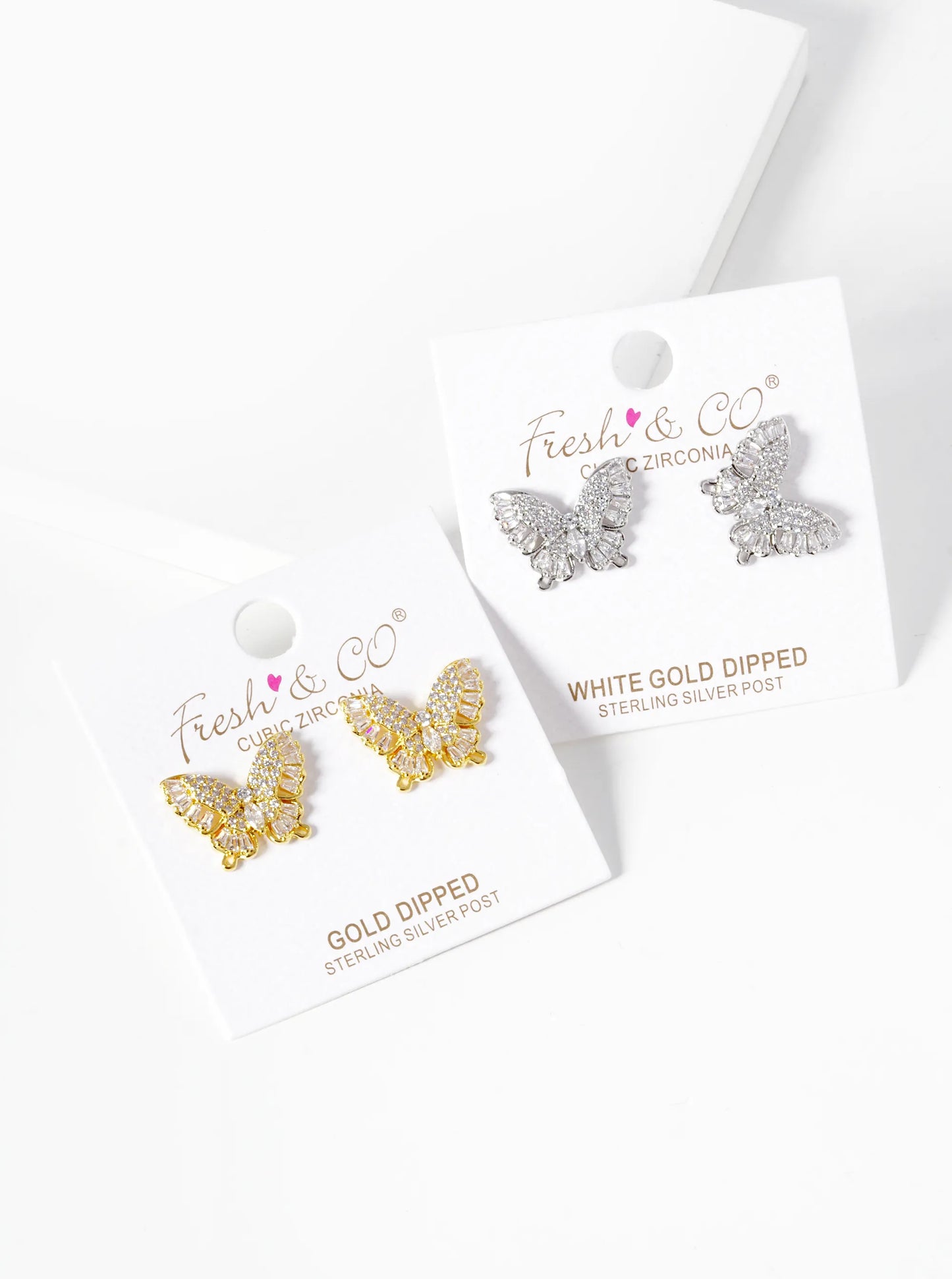 White Gold Dipped CZ Pave Butterfly Stud Earrings