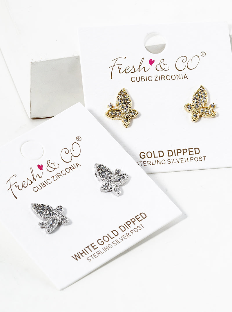 White Gold Dipped CZ Pave Butterfly Stud Earrings