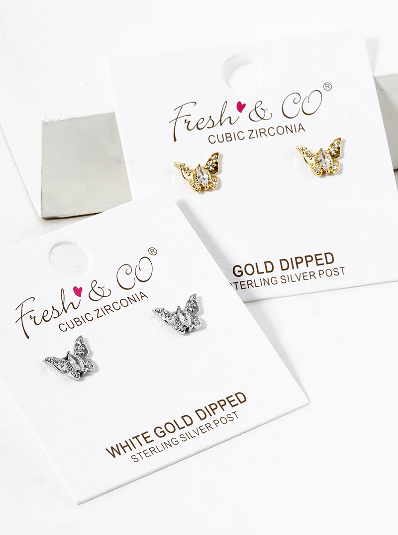 White Gold Dipped CZ Pave Butterfly Stud Earrings