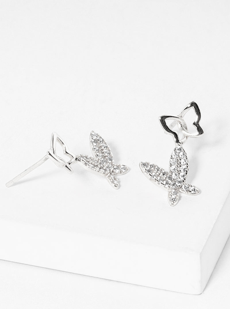 White Gold Dipped CZ Owl Post Stud Earrings