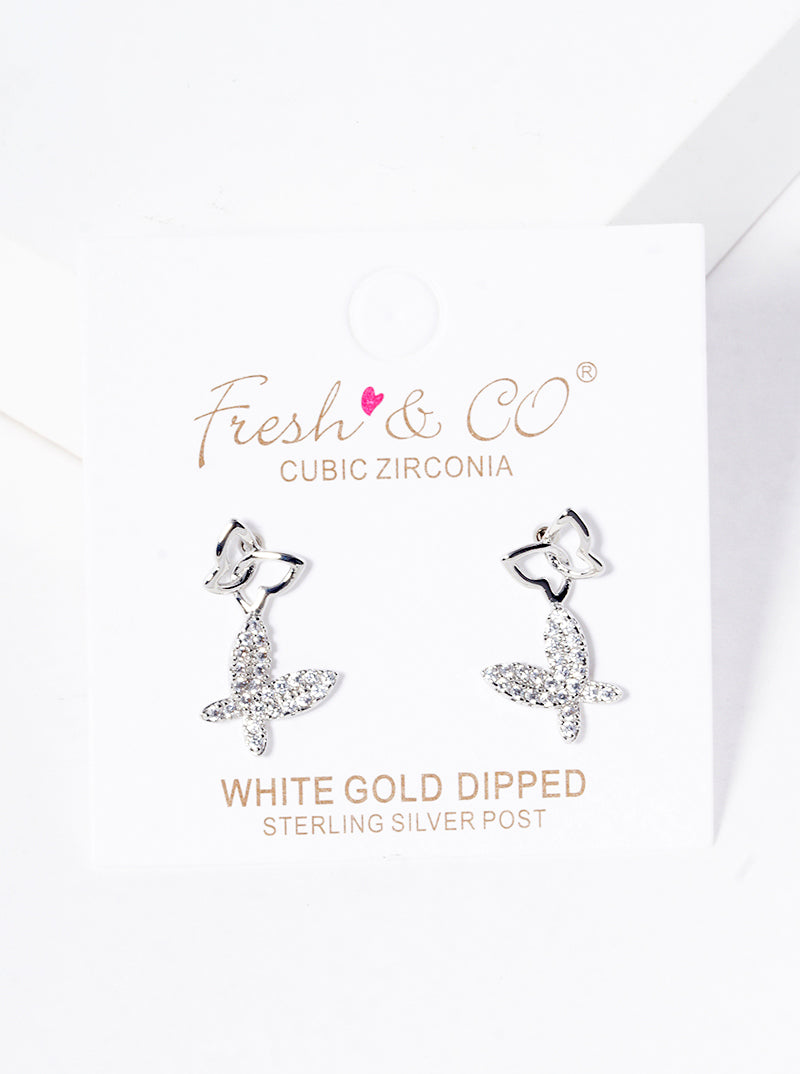 White Gold Dipped CZ Owl Post Stud Earrings