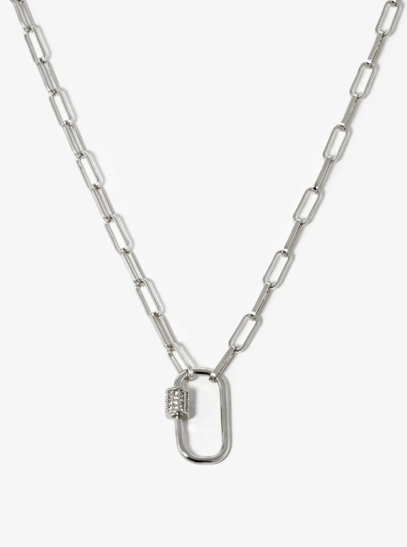 White Gold Dipped CZ Pave Carabiner Pendant Chain Necklace