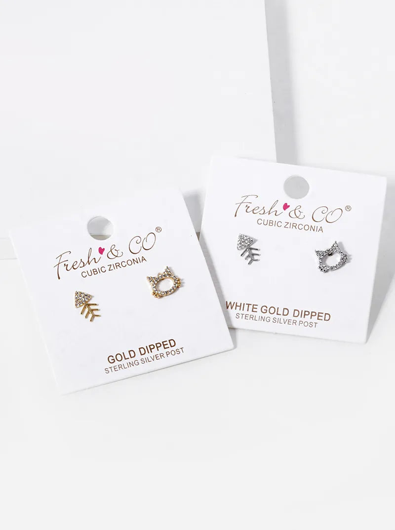 White Gold Dipped CZ Pave Cat And Fishbone Stud Earrings