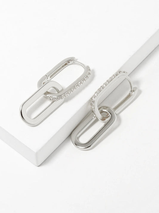 White Gold Dipped CZ Pave Chain Huggie Hoop Earrings