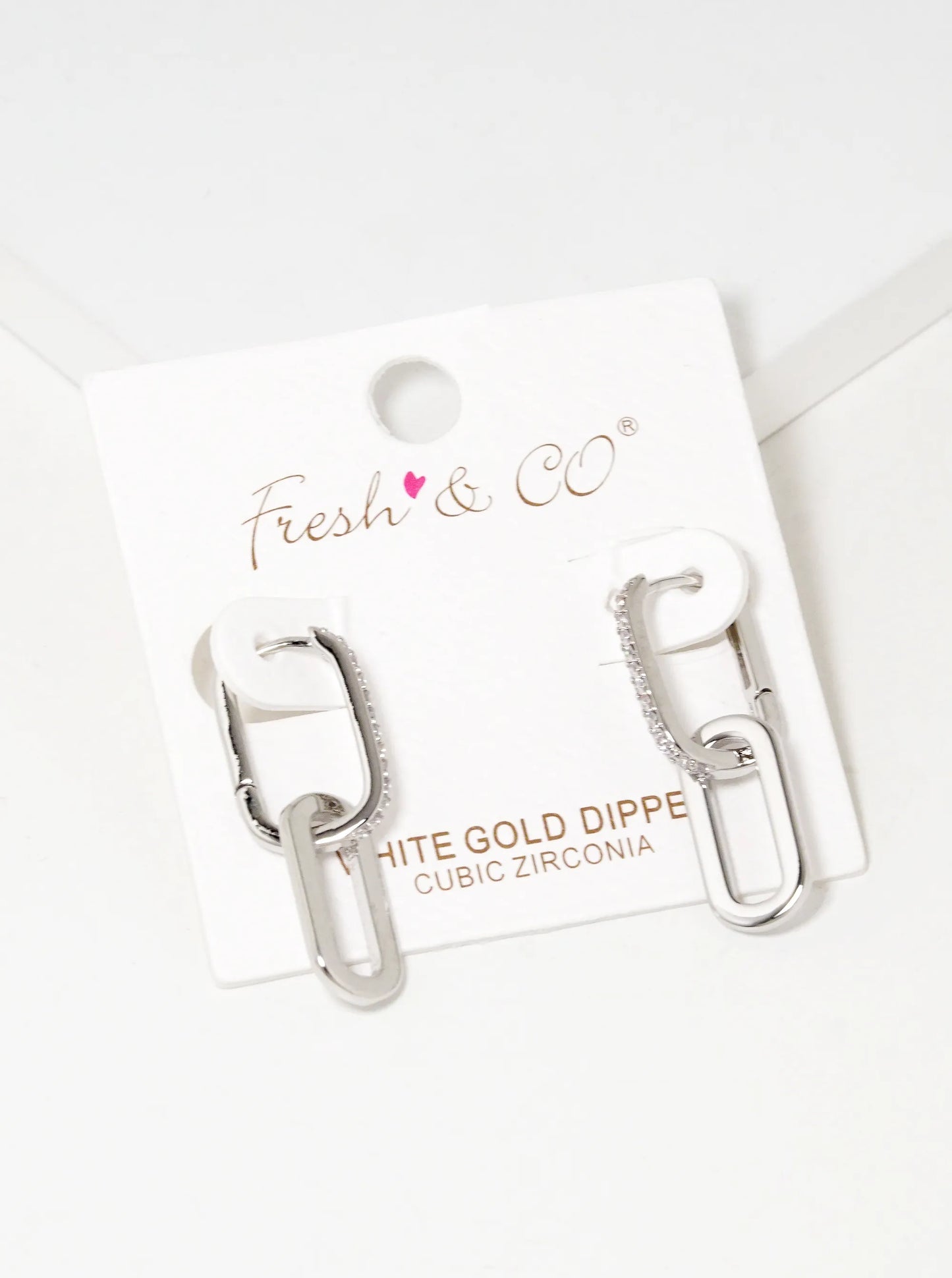 White Gold Dipped CZ Pave Chain Huggie Hoop Earrings