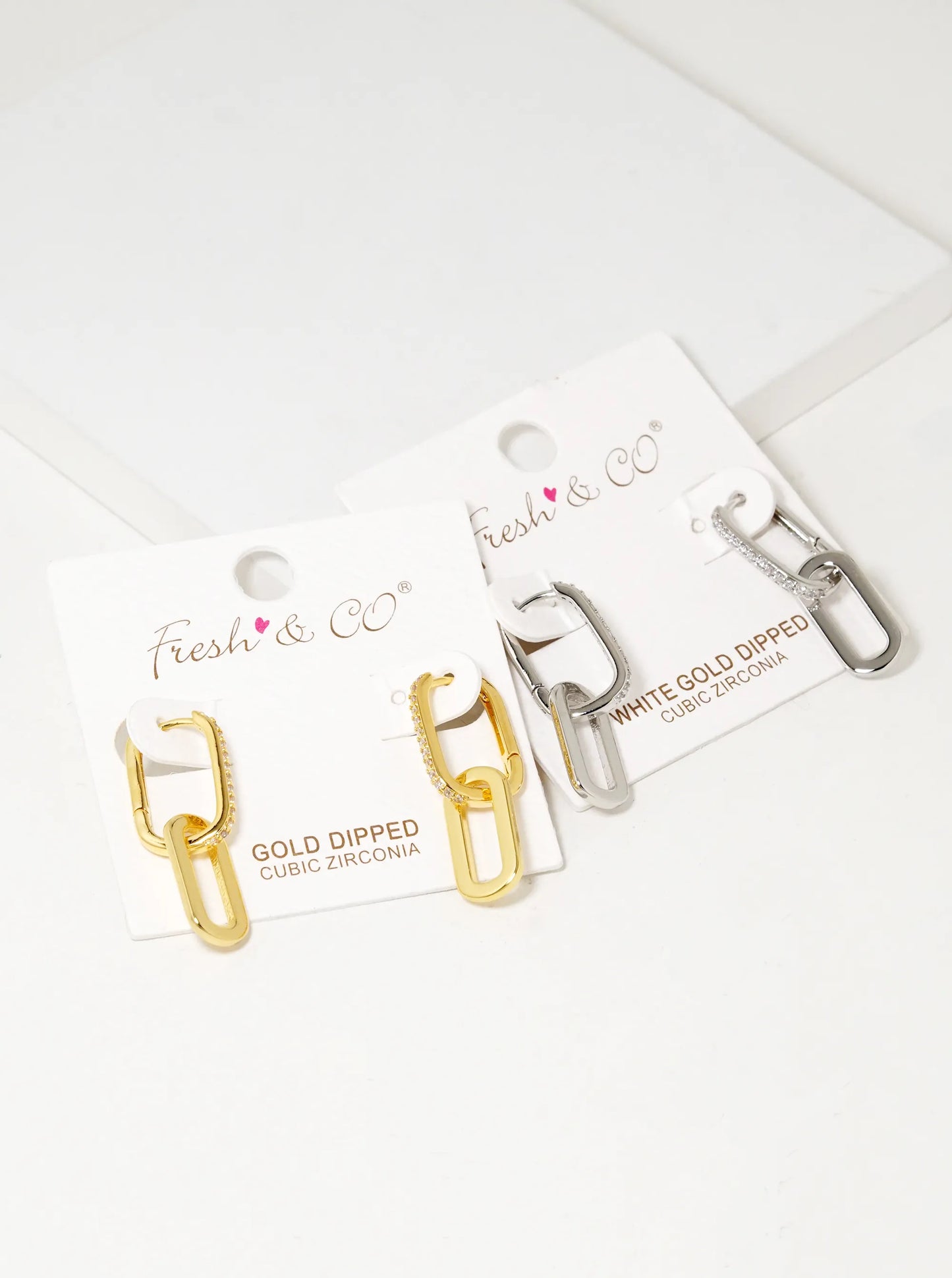 White Gold Dipped CZ Pave Chain Huggie Hoop Earrings