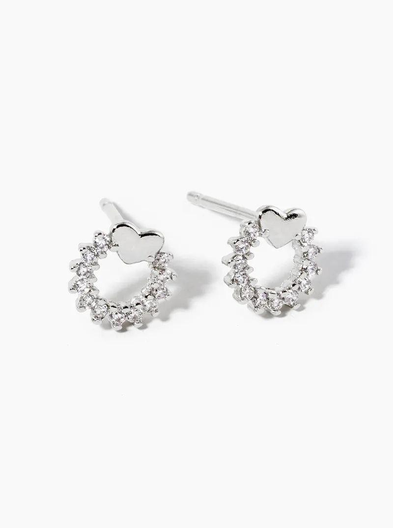 White Gold Dipped CZ Pave Circle With Heart Post Stud Earrings
