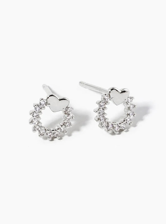 White Gold Dipped CZ Pave Circle With Heart Post Stud Earrings