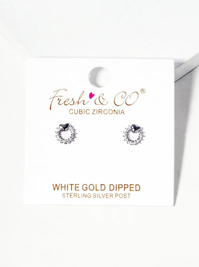White Gold Dipped CZ Pave Circle With Heart Post Stud Earrings