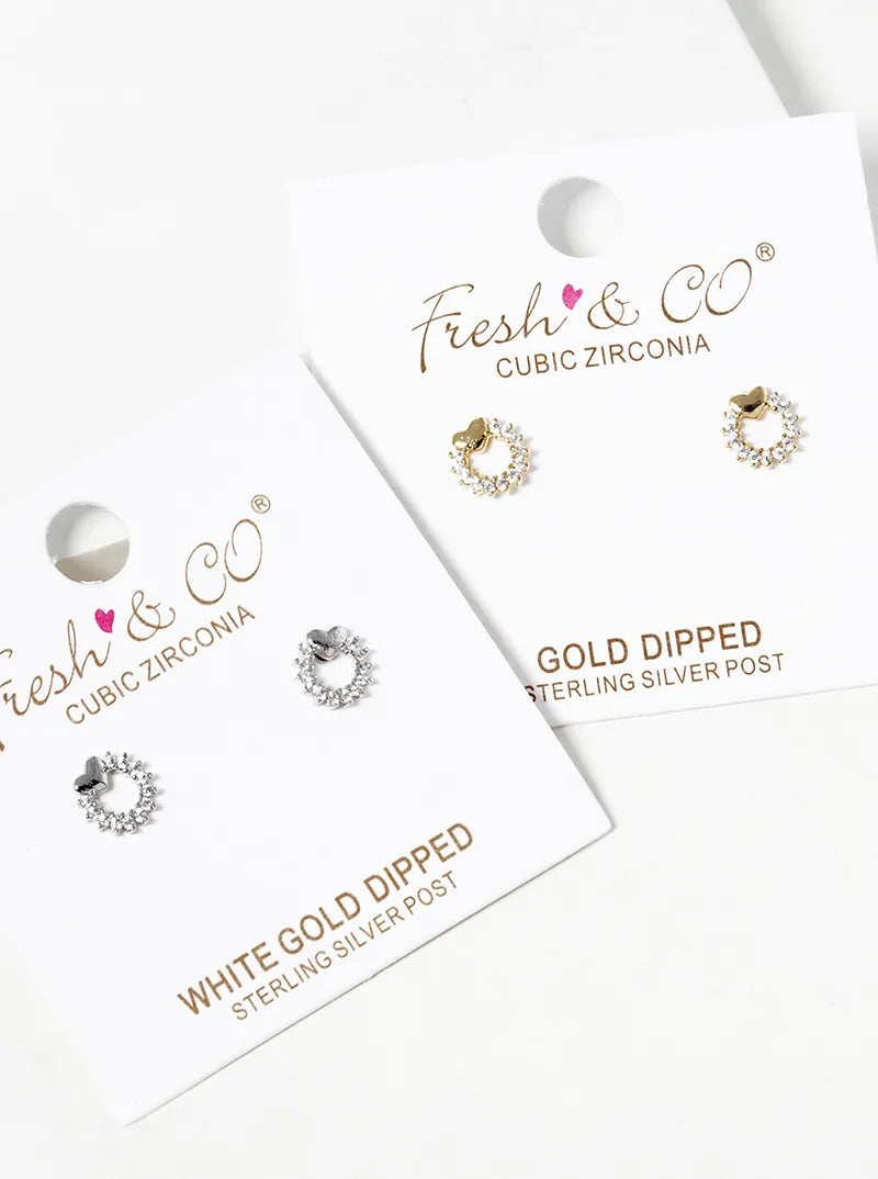 White Gold Dipped CZ Pave Circle With Heart Post Stud Earrings