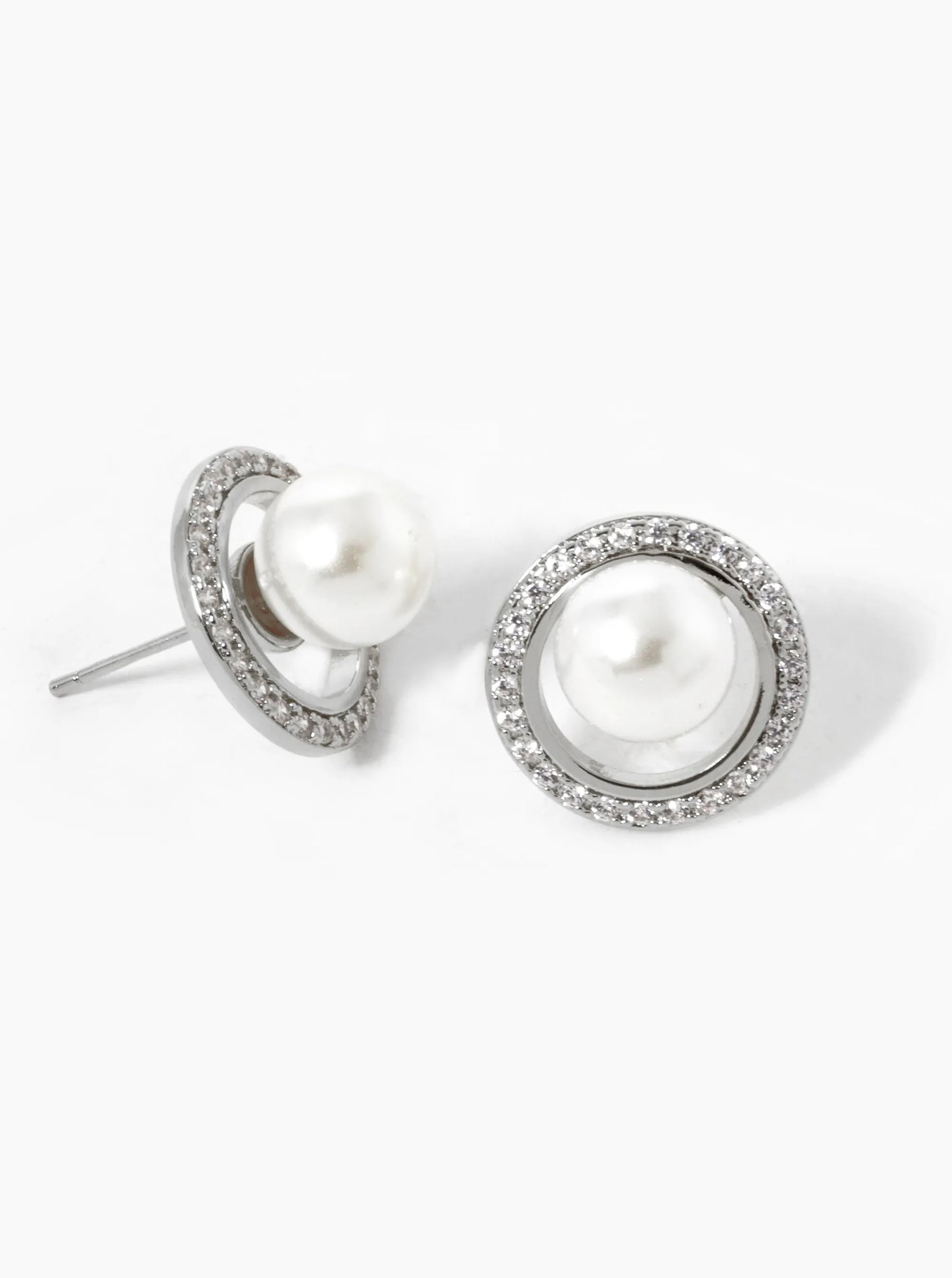 White Gold Dipped CZ Pave Circle With Pearl Stud Earrings
