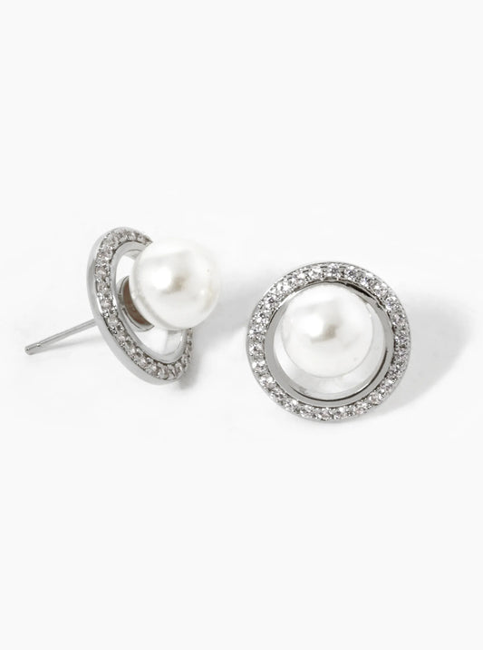 White Gold Dipped CZ Pave Circle With Pearl Stud Earrings