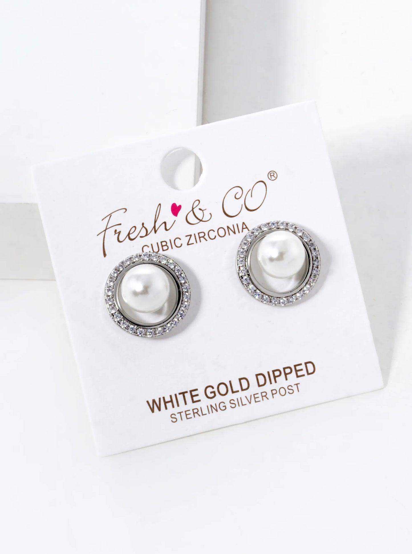 White Gold Dipped CZ Pave Circle With Pearl Stud Earrings