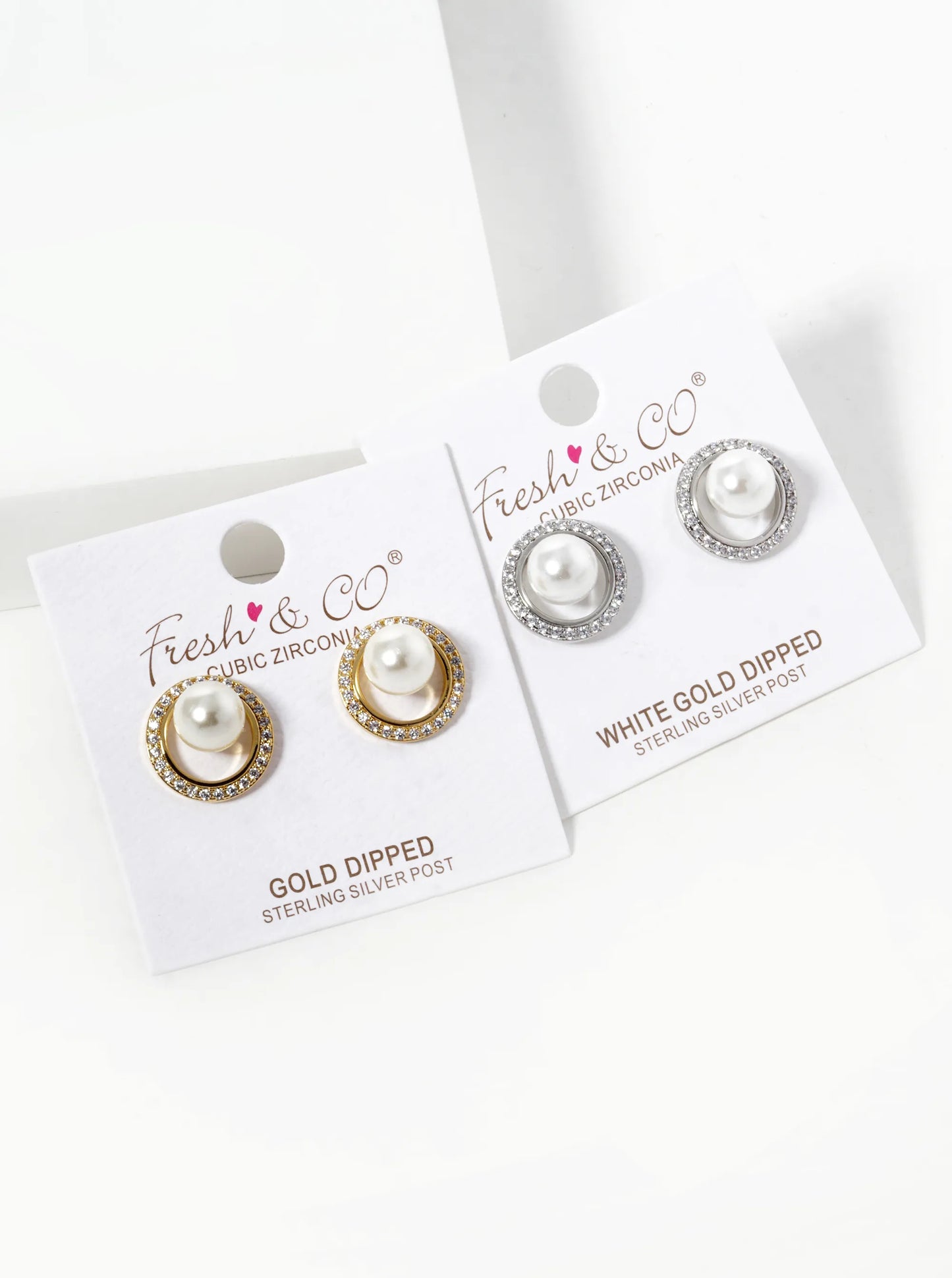White Gold Dipped CZ Pave Circle With Pearl Stud Earrings