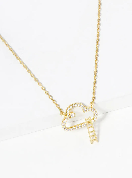 White Gold Dipped CZ Pave Cloud Ladder Pendant Necklace