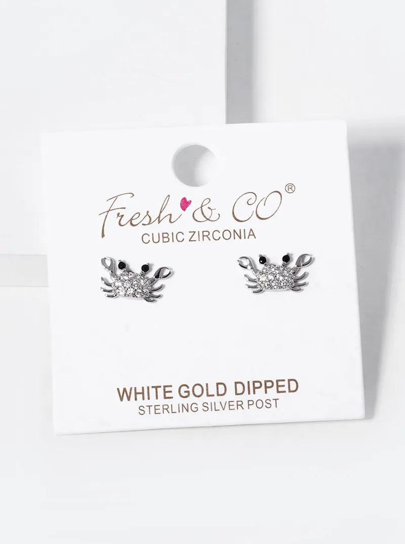 White Gold Dipped CZ Pave Crab Stud Earrings