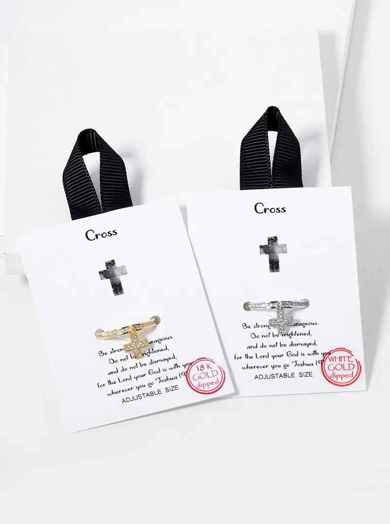 White Gold Dipped CZ Pave Cross Drop Adjustable Ring
