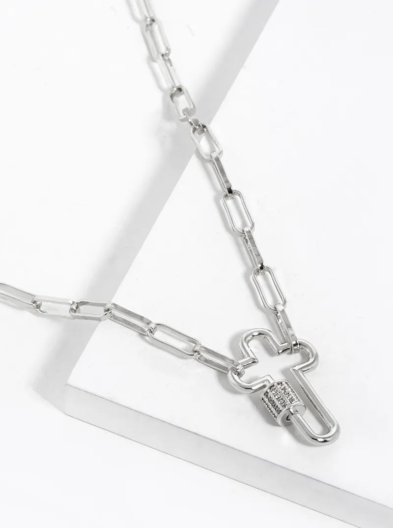 White Gold Dipped CZ Pave Cross Pendant Chain Necklace
