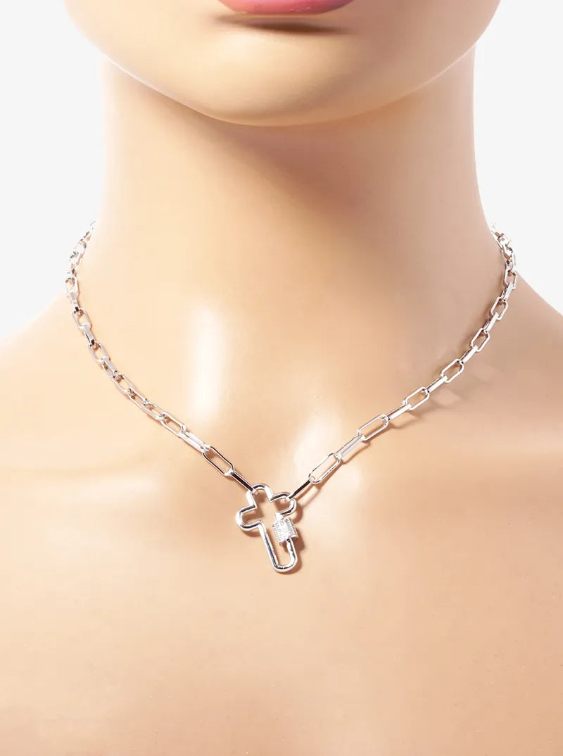 White Gold Dipped CZ Pave Cross Pendant Chain Necklace