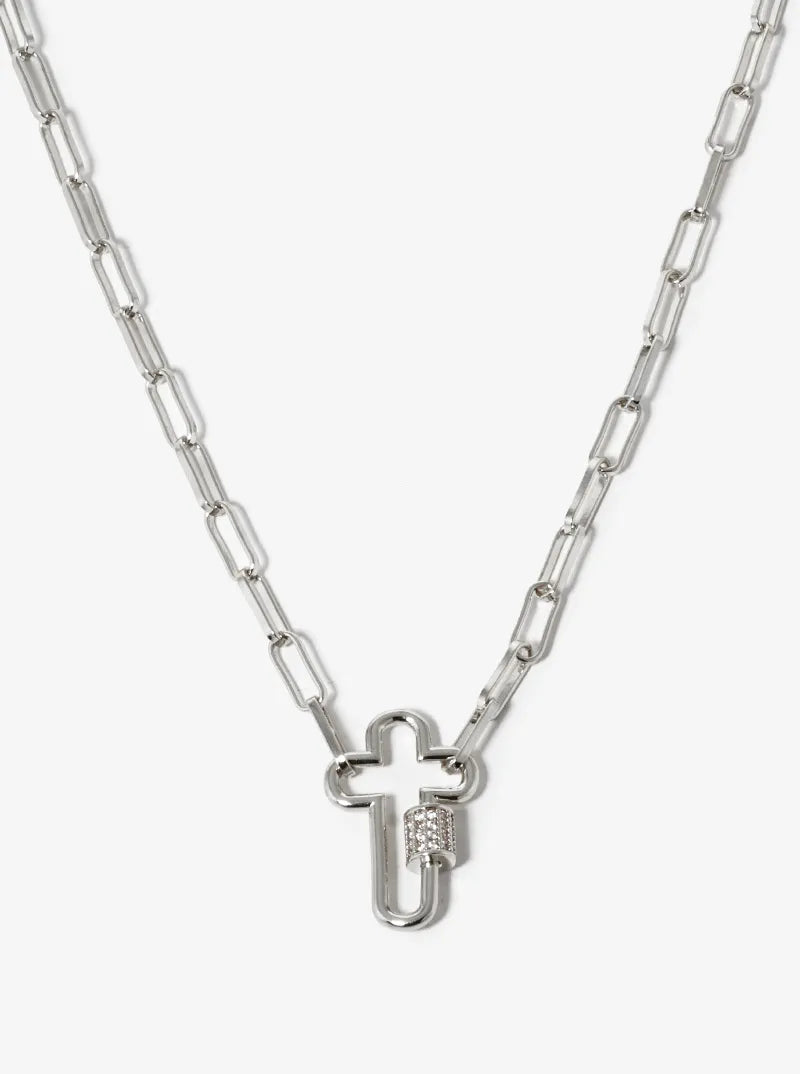 White Gold Dipped CZ Pave Cross Pendant Chain Necklace
