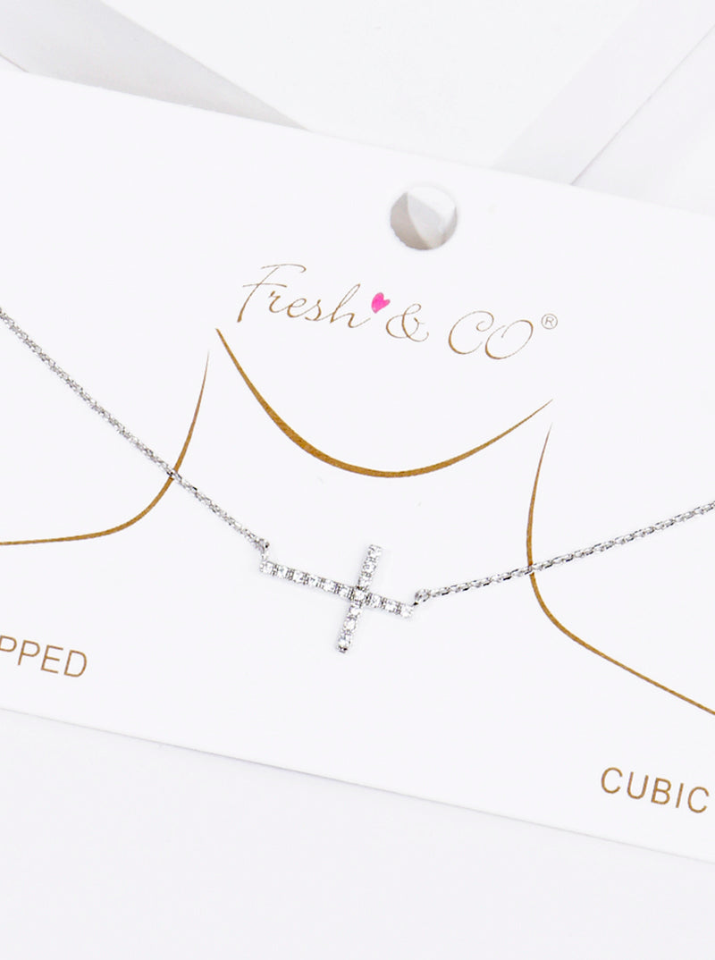 White Gold Dipped CZ Pave Cross Pendant Delicate Necklace