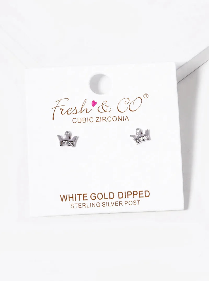 White Gold Dipped CZ Pave Crown Stud Earrings