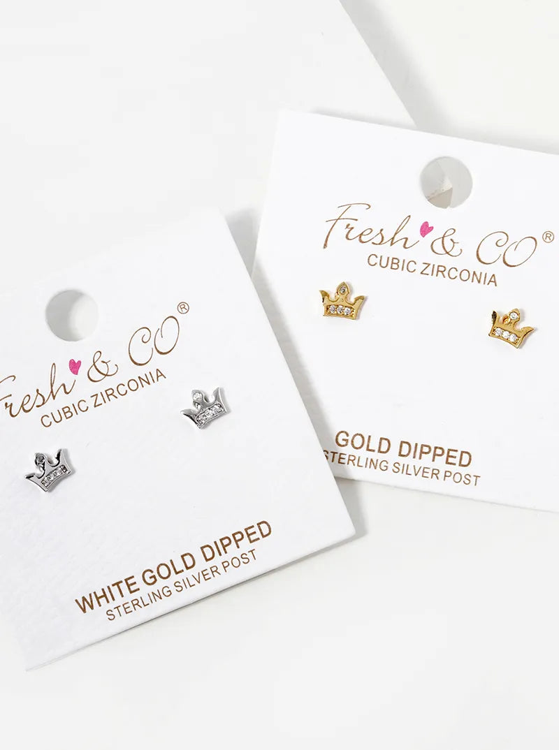 White Gold Dipped CZ Pave Crown Stud Earrings