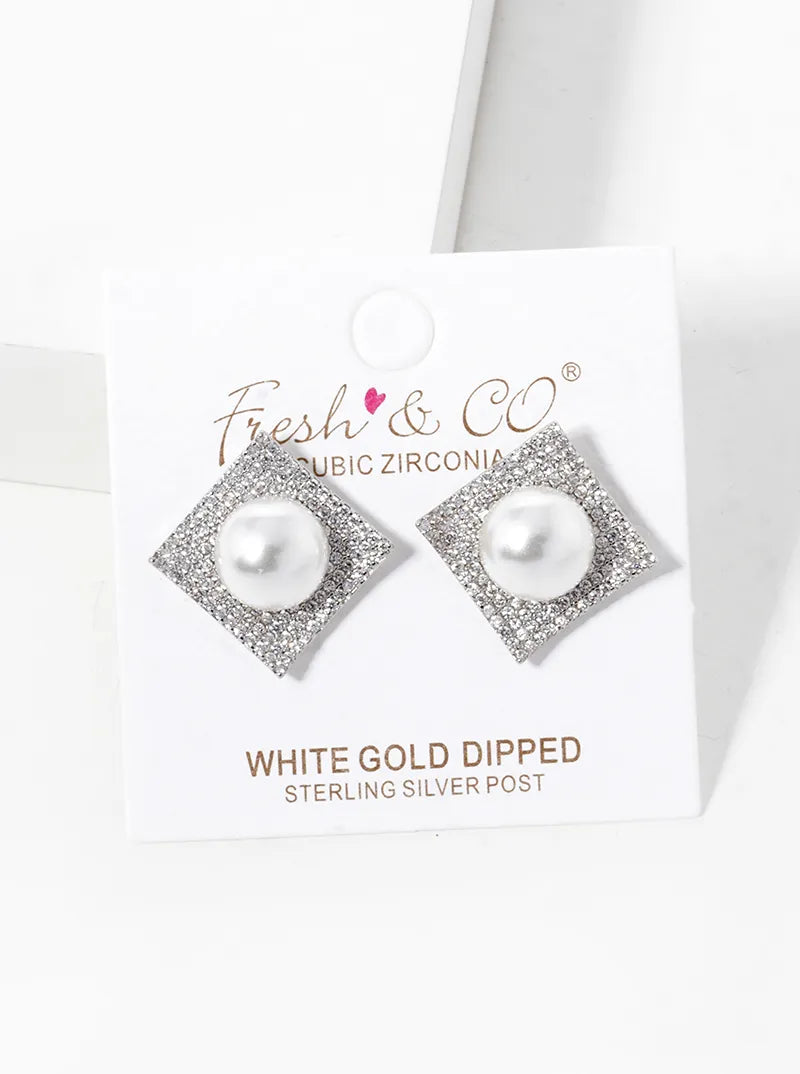 White Gold Dipped CZ Pave Curved Square With 9mm Pearl Stud Earrings