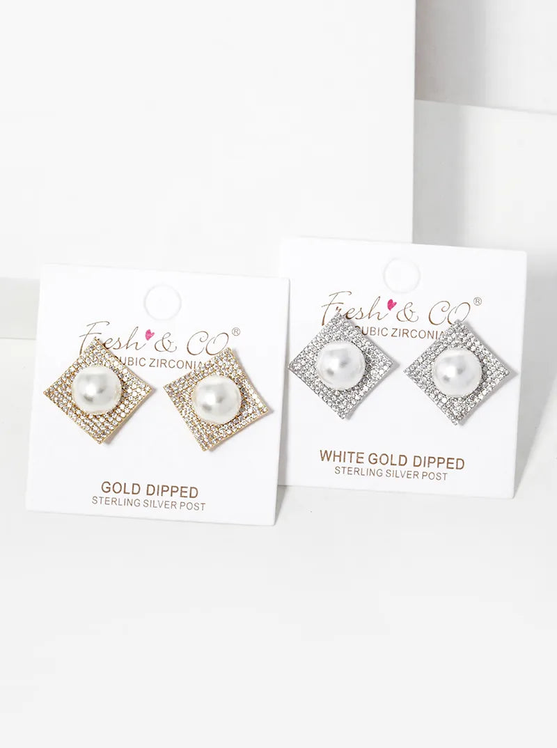 White Gold Dipped CZ Pave Curved Square With 9mm Pearl Stud Earrings