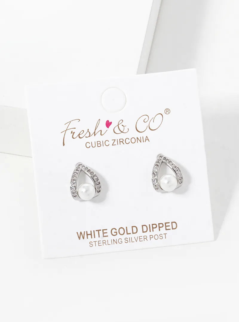 White Gold Dipped CZ Pave Curved Teardrop Stud Earrings