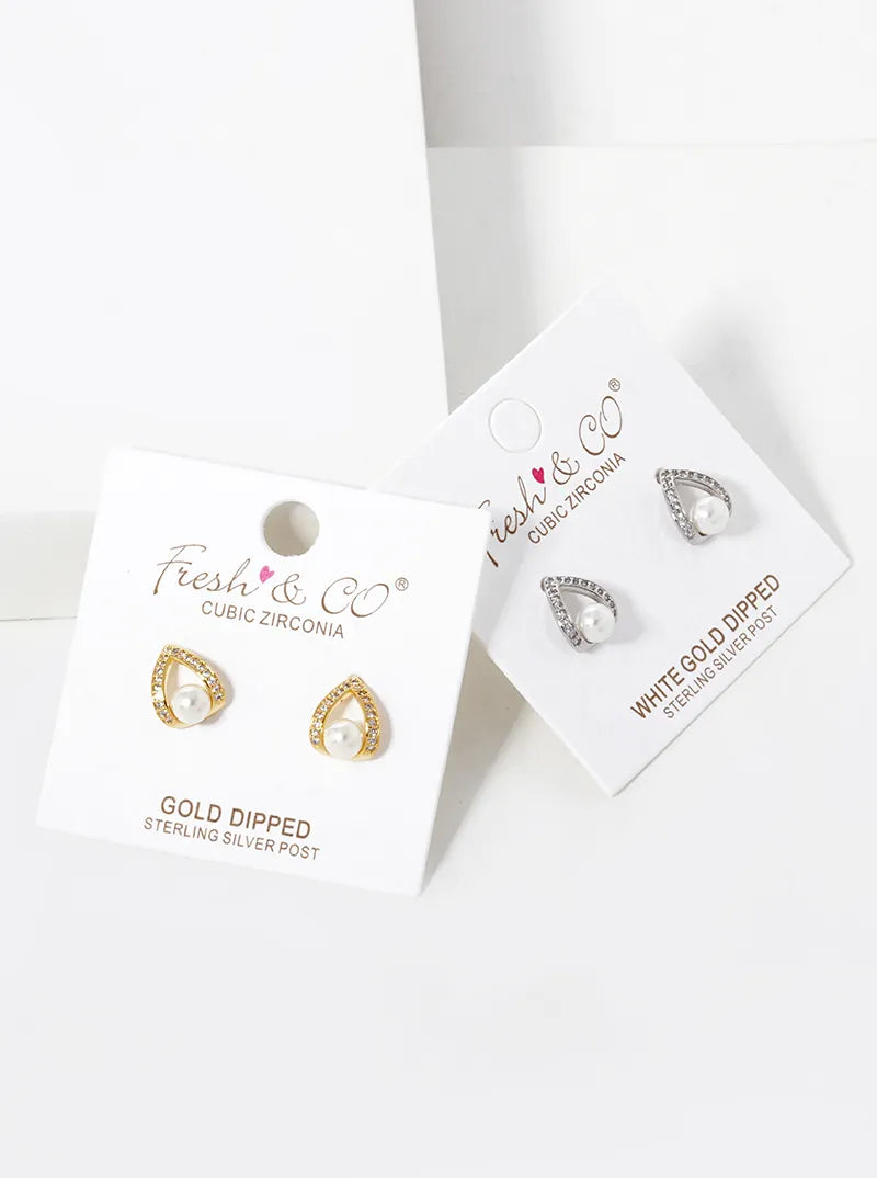 White Gold Dipped CZ Pave Curved Teardrop Stud Earrings