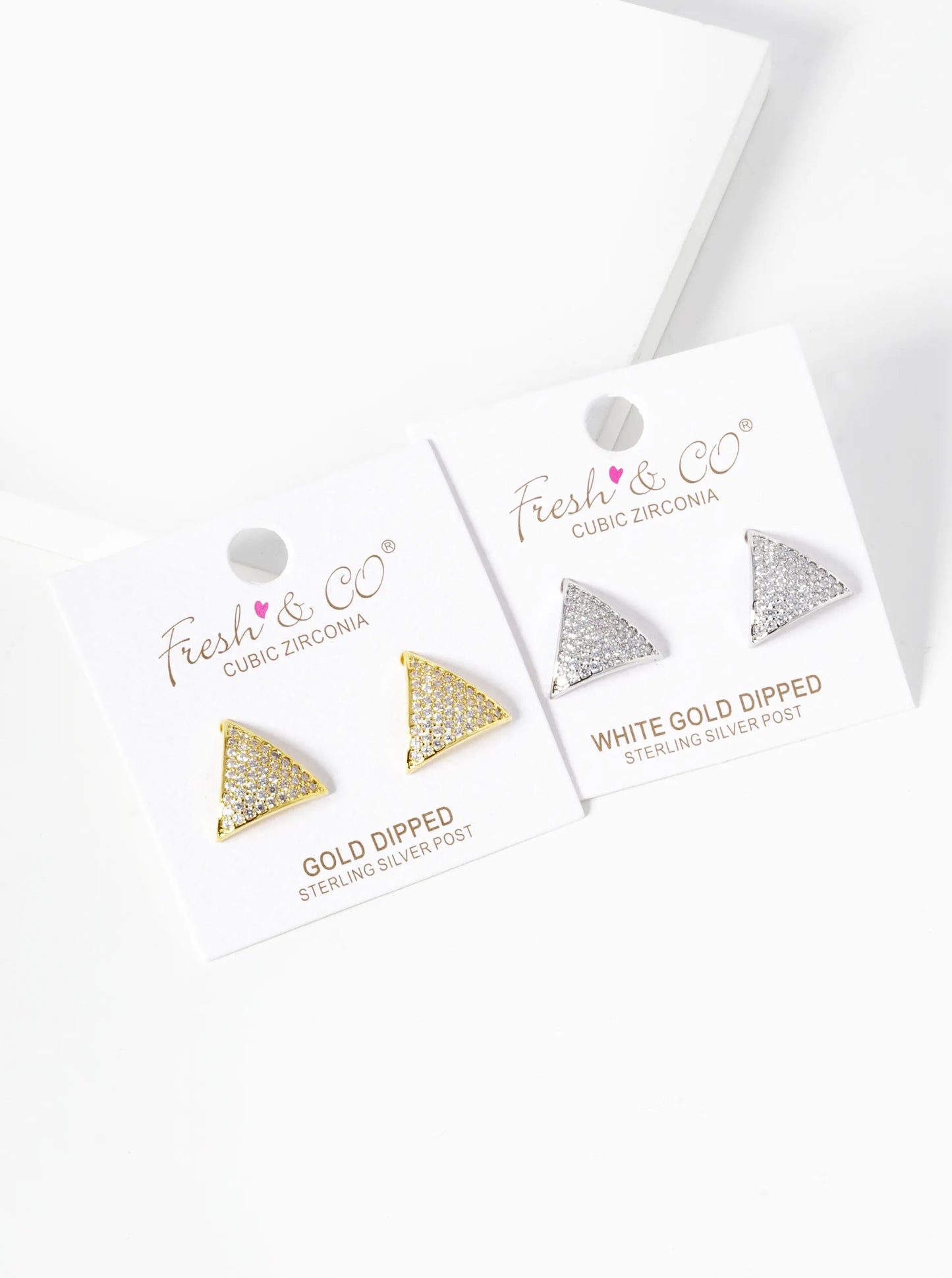 White Gold Dipped CZ Pave Curved Triangle Stud Earrings