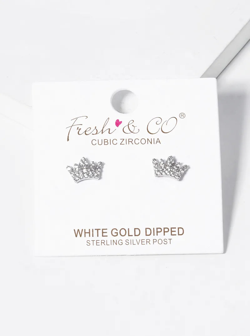 White Gold Dipped CZ Pave Dainty Crown Stud Earrings