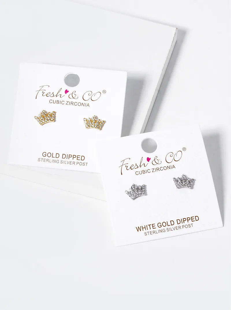 White Gold Dipped CZ Pave Dainty Crown Stud Earrings