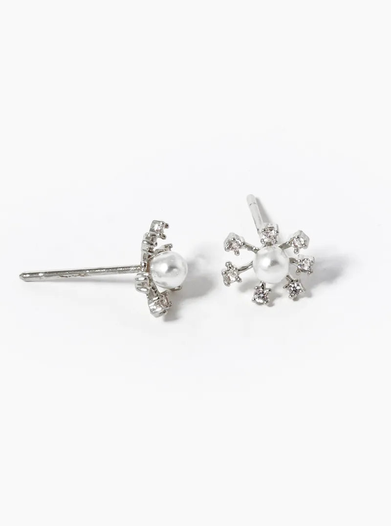 White Gold Dipped CZ Pave Dainty Pearl Flower Stud Earrings