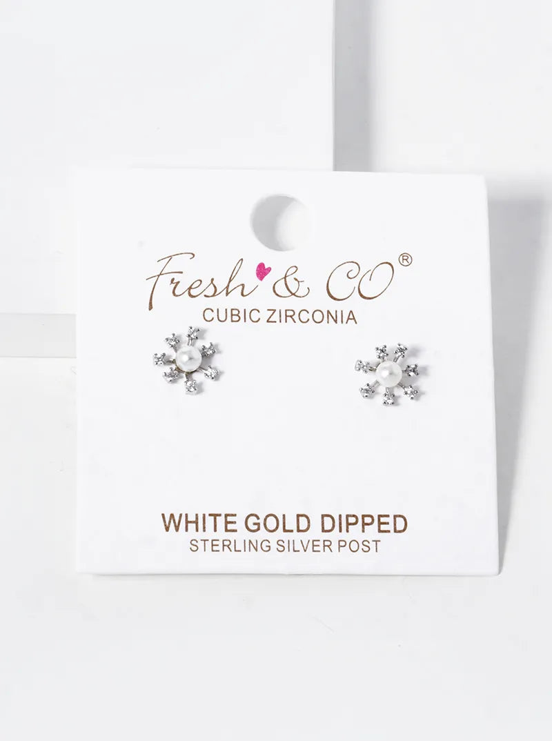 White Gold Dipped CZ Pave Dainty Pearl Flower Stud Earrings