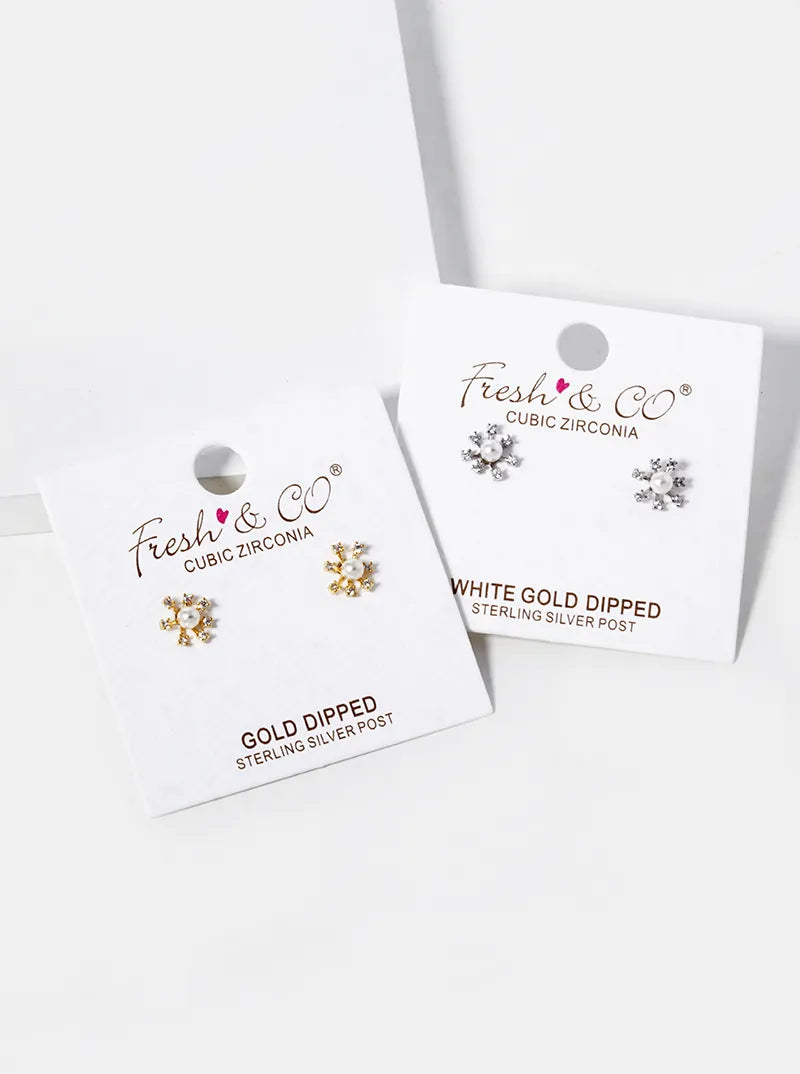 White Gold Dipped CZ Pave Dainty Pearl Flower Stud Earrings