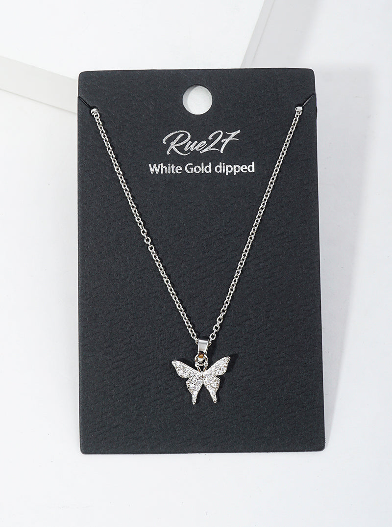 White Gold Dipped CZ Pave Delicate Butterfly Pendant Necklace