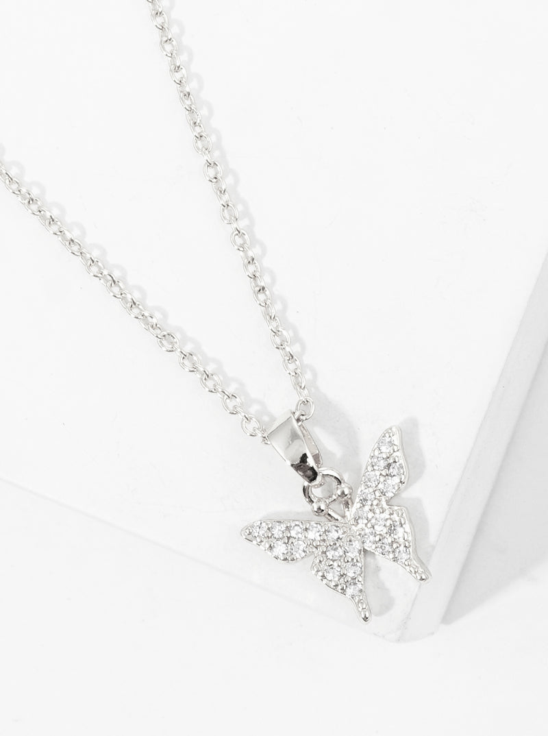 White Gold Dipped CZ Pave Delicate Butterfly Pendant Necklace
